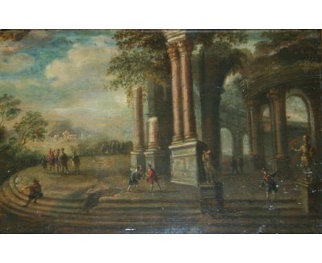 MANNER OF HENDRIK FRANS VAN LINT (1684-1763) CAPRICCIO: FIGURES BY  CLASSICAL RUINS Oil on panel 14 x 20.5cm. ++ Small damage