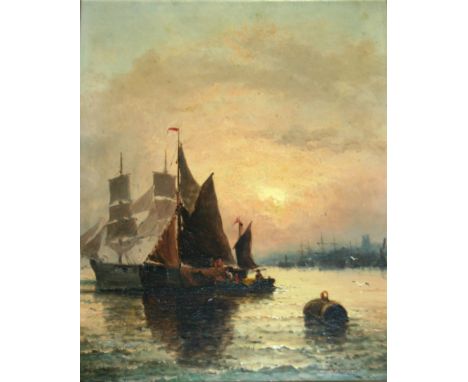 WILLIAM THORNLEY (Fl.1858-1898) FISHERFOLK ON A SHORE; VESSELS AT SUNDOWN A matched pair, each faintly signed, oil on panel E