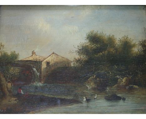 CIRCLE OF PATRICK NASMYTH (1787-1831) FIGURE SEATED NEAR AN OVERSHOT MILL Oil on panel 19 x 24.5cm.; with an original unframe