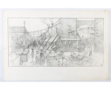 Charles Dickens related - Original artwork on board, a pencil sketch showing a market scene with washing hanging out and smok