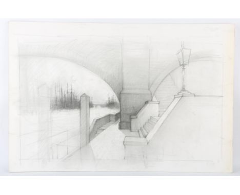 Charles Dickens related - Original artwork on board, a pencil sketch by Keith Wilson, production designer, showing steps lead