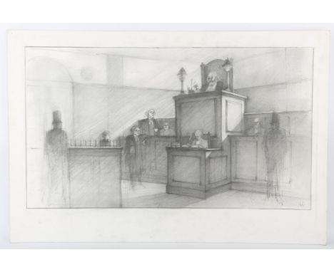 Charles Dickens related - Original artwork on board, a pencil sketch showing an interior design of a court room, initialled b