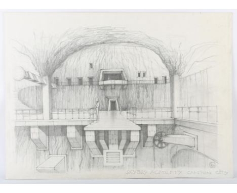 Gerry Anderson related - Original artwork on board, pencil sketch, titled lower right, 'Skybay Academy Canyon City' and initi
