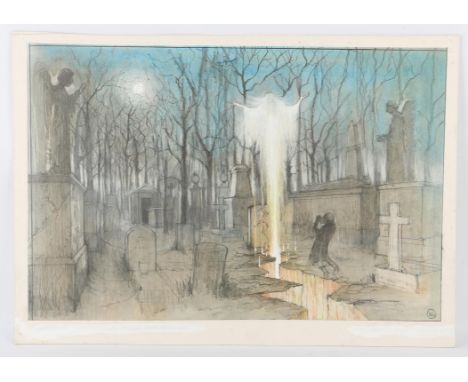 Charles Dickens related - Original artwork on board, watercolour, pen and ink, showing a moonlit graveyard with a white ghost