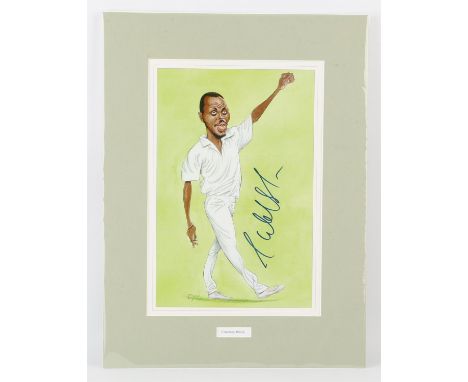 Cricket - Three signed mounted prints of Imran Khan, Curly Ambrose and Courtney Walsh, each 31 x 41 cm (3). 