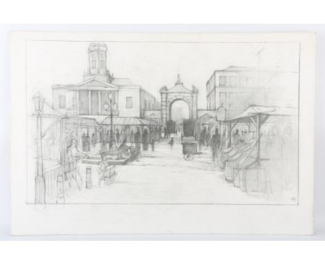 Charles Dickens related - Original artwork on board, a pencil sketch showing a market scene with an archway centre image, ini