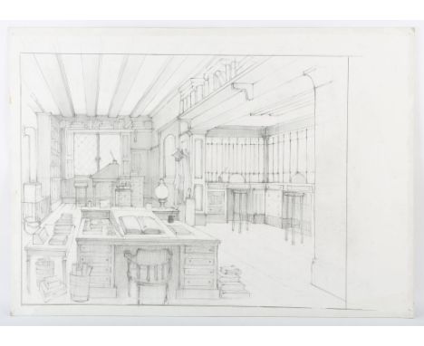 Charles Dickens related - Original artwork on board, a pencil sketch by Keith Wilson, production designer, showing an interio