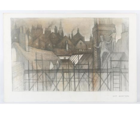 Charles Dickens related - Original artwork on board, pencil sketch showing two men on a roof standing behind a chimney, title