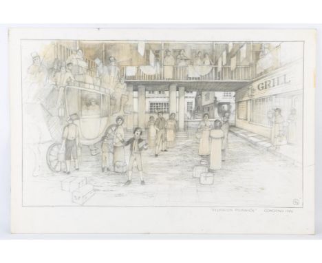 Charles Dickens related - Original artwork on board, pencil sketch showing a street scene and stagecoach, titled 'Pickwick Pi