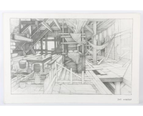 Charles Dickens related - Original artwork on board, a pencil sketch, titled 'Int. Hideout' and initialled lower right by pro