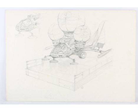 Gerry Anderson related - Original artwork on board, a pencil sketch showing two designs for spacecraft, initialled lower righ