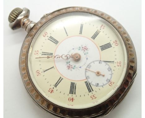 Continental silver fob watch with enamel dial and floral decoration D: 50 mm (please see condition report) CONDITION REPORT: 