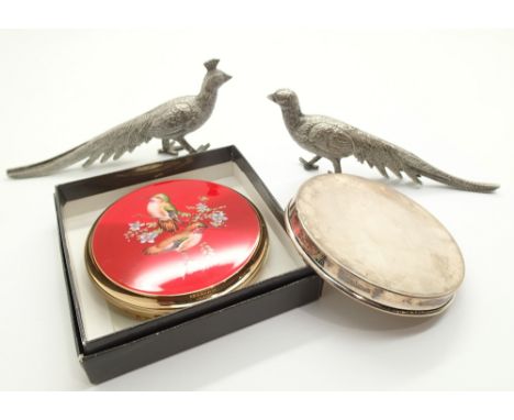 Silver pin dish with Chester hallmark, a Stratton powder compact and two silver plated peacocks 
