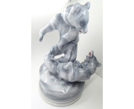 Zsolnay Pecs fighting bear figurines in grey colourway H: 35 cm