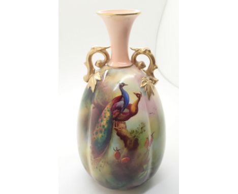 Royal Worcester blush ivory vase decorated with peacocks and three foliage 