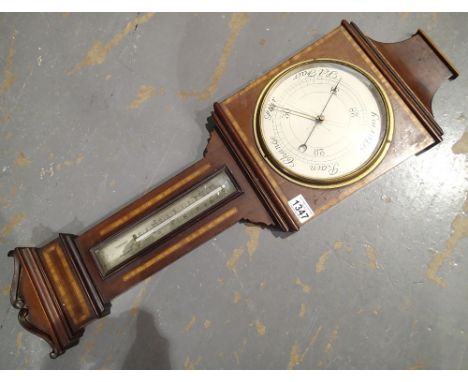 Edwardian inlaid mahogany barometer thermometer (please see condition report) CONDITION REPORT: Glass cracked, thermometer br