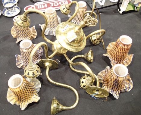 Seven Christopher Wray glass lampshades with 5 branch centre light and two wall lights