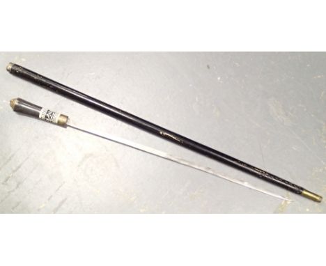 Anglo Indian sword stick with black lacquer finish and bone inlay 