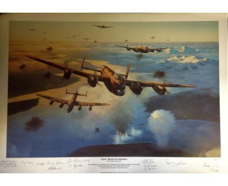 World War Two print 18x25 approx titled Tirpitz -Mission Accomplished by the artist Mark Postlethwaite signed by 8 Tirpitz ra
