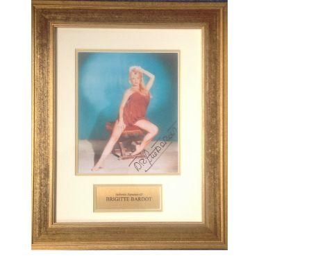 Brigitte Bardot signed colour photo 18x15 overall includes superb signed colour photo and authentic signature plate both fram
