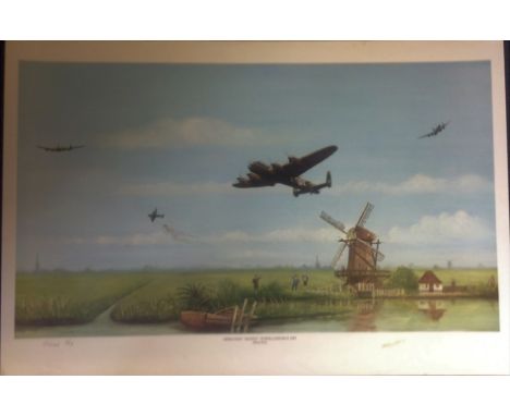 World War Two print 17x25 approx titled Operation "MANNA "in Holland May 1945 by the artist Oliver Fox signed in pencil by th