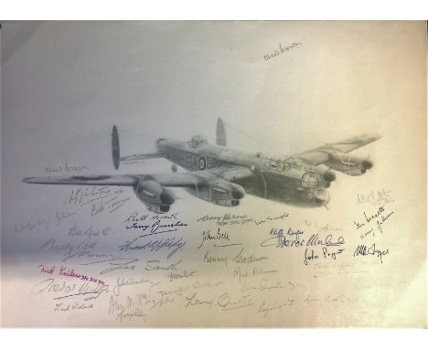 World War Two Lancaster print approx 12x16 signed by over 30 bomber command veterans signatures include Bill Reid, Les Smith,
