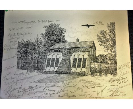 Dambuster 617 Squadron 12x16 approx print signed by over 30 bomber command veterans signatures include Bill Reid VC, Harry Jo