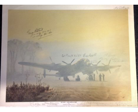 World War Two print 14x18 print titled OFF DUTY Lancaster at Rest by the artist Gerald Coulson signed by 13 bomber command ve