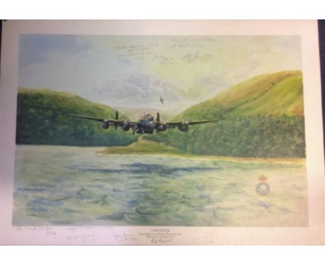 Dambuster World War Two print 19x27 titled Lancaster practice flights over Derwent Water Dam 1943 signed by 18 bomber command