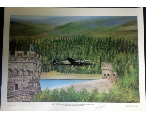 Dambuster 19x25 approx RAF print titled Last of the Lancaster Bombers over Derwent Dam Derbyshire in memory of 617 Dambuster 