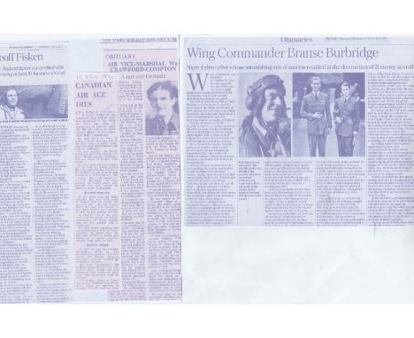 Collection of 16 fighter aces/ pilots obituaries (5 images shown), Wg Cdr Branse Burbridge DSO*DFC* RAF (21 top scoring night