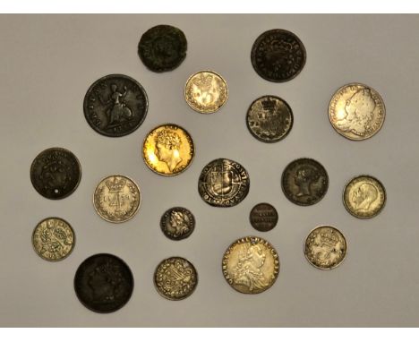 Mixed Coins of Interest - to include 1579 Elizabeth I Threepence, George II 1746 Maundy Penny, 1754 Farthing, 1743 Sixpence h