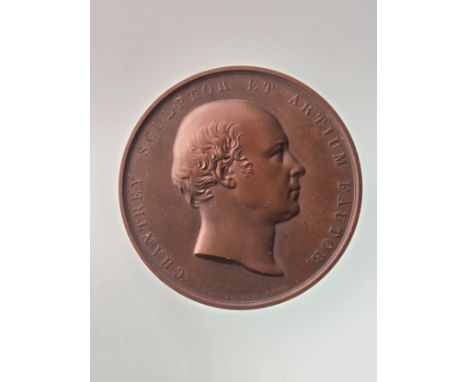 Sir Francis Chantrey, bronze medal, 1846, by W. Wyon, bare head right, /. Memorial to James Watt by Chantrey in centre; franc