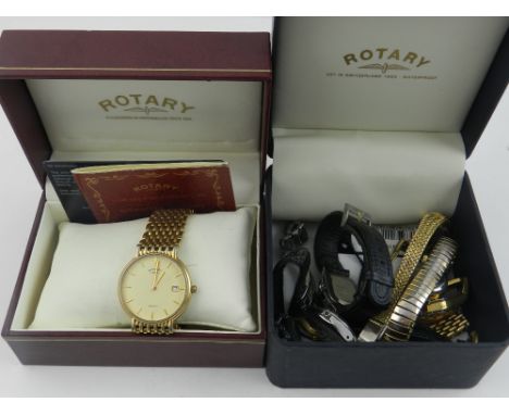 A gentleman's gold plated bracelet Rotary wristwatch, together with seven other watches, boxed, with papers