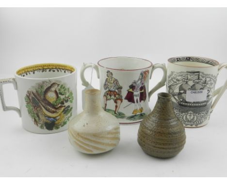 A 19th century Adam's pottery mug, "The Mariner's Compass", together with two other mugs. 