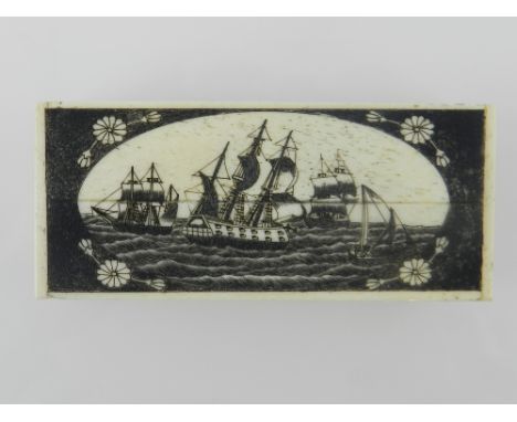 An 18th century style rectangular carved scrimshaw snuff box, the hinged lid decorated with sailing ships at sea, in floral r