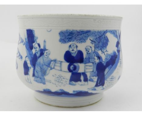 A Chinese blue and white hard paste porcelain ogee shaped footed bowl, decorated with figures amongst stylised landscapes and