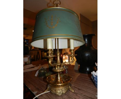 A Regency style three branch table lamp, having green shade. H: 66cm