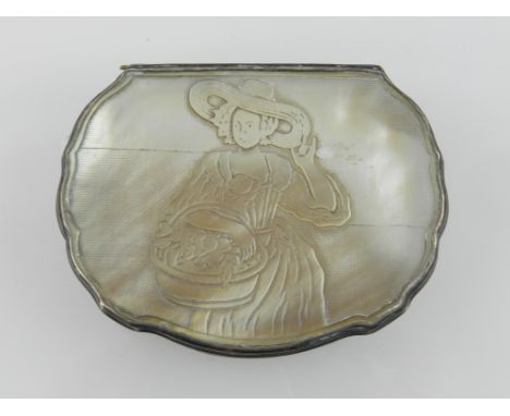 An 18th century Dutch silver and mother of pearl snuff box of cartouche form, the hinged lid relief carved with a half length