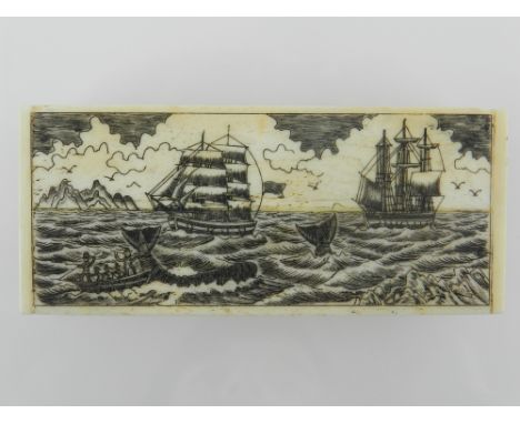 An 18th century style rectangular carved scrimshaw snuff box, the hinged lid decorated with whaling scenes. 