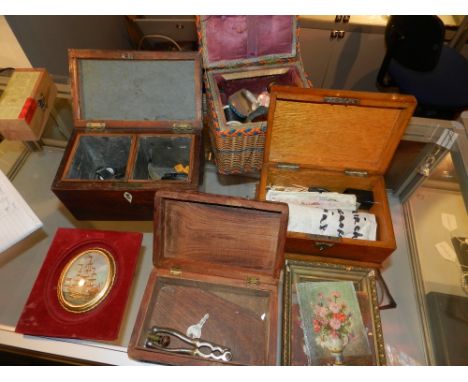 A George III mahogany two division tea caddy, a Victorian oak box, sundry world currency, a small collection of miniature pai