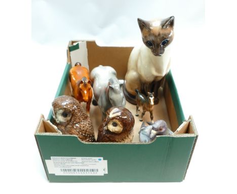A collection of ceramic animals: to include a seated siamese cat, barn owls, a Kowe dove, brwon foal, etc 