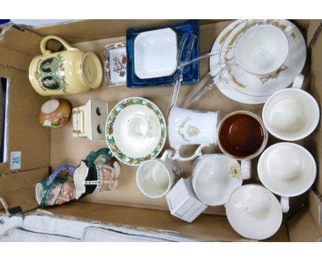 A mixed collection of items to include: commemorative cups, saucers and trio@s, modern lemon mantle clock, Royal Doulton smal