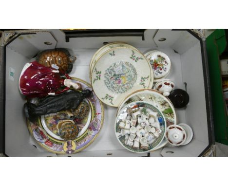 A mixed collection of items to include: Wade tortoise figure, 2nds lady Coalport figure, Royal Doulton christmas plates, thim