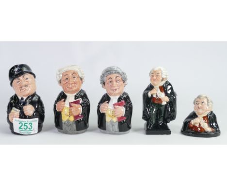 Royal Doulton Doultonville figures: Sargent Peeler, Mr Littigate, The Lawyer and small figures of Buzzfuzz(5) 