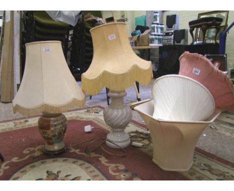 Two 20th Century ceramic table lamps with shades: plus 3 extra fabric shades (5). 