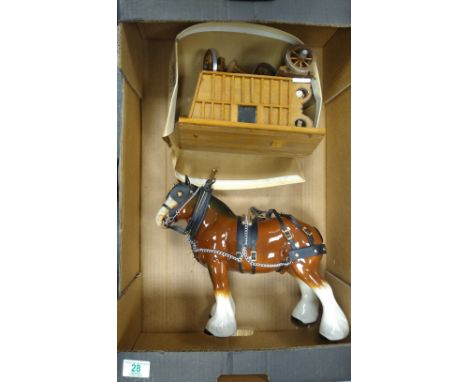 A large ceramic model of a shire horse: with similar wooden gypsy caravan 