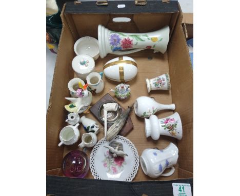 A mixed collection of items to include:  E Radford hand decorated art deco vase, crested items, Coalport gilded egg box, Wedg