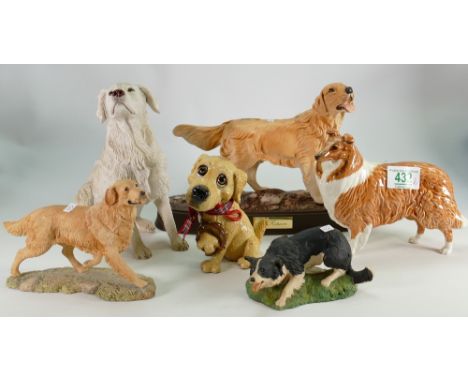 Beswick Collie dog: model 1791, Retriver on a ceramic plinth together with a border fine arts labrador and three similar dog 