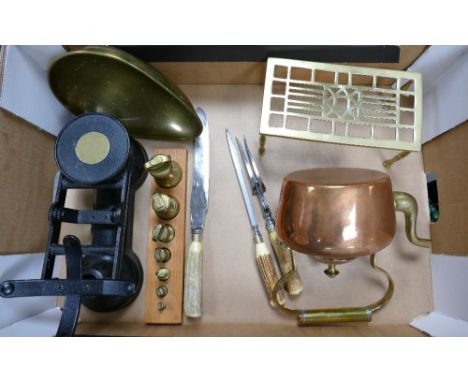 A mixed collection of items to include: Copper Kettle &amp; Brass Stand, Horn type handled carving set, vintage type scales e